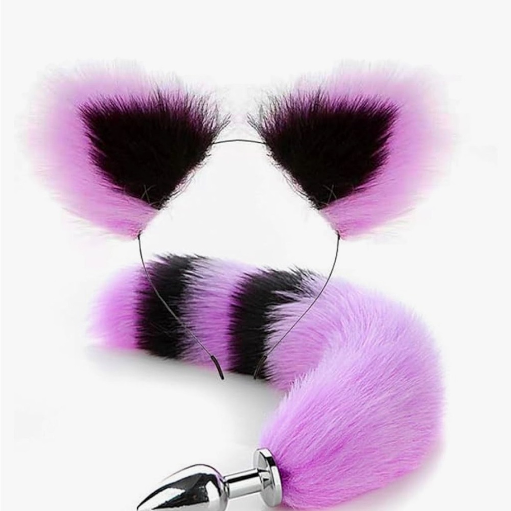 Purple and Black Furry Ears and Tail Set butt plug Small